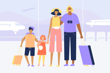Happy family at the airport. Dad, mom, daughter and son are smiling and hugging. Vector illustration in flat design. 