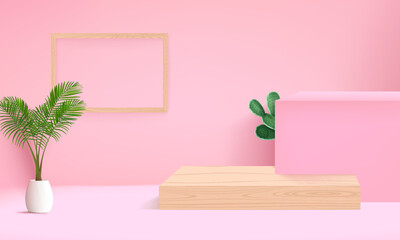background vector 3d pink rendering with podium and minimal pink wall scene, minimal abstract background 3d rendering abstract geometric shape pink pastel color.
