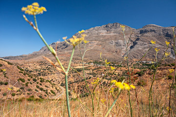 Panoramic view of the mountainous and wild landscape of the southern coast of Crete in Greece.