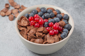 Chocolate flakes with milk, blueberries and red currants. Delicious healthy Breakfast.