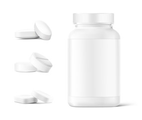 Plastic bottle with round pills mockup isolated on white background. Can be used for medical, cosmetic. Vector illustration. EPS10.	