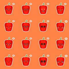 Cute and kawaii red paprika. Healthy Food concept. Pepper with emoji Emoticon. Cartoon characters for kids coloring book, colouring pages, t-shirt print, icon, logo, label, patch, sticker, vegan 