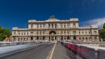 Obraz premium Rome, Italy. Palace of Justice timelapse - courthouse building with Ponte Sant' Umberto bridge
