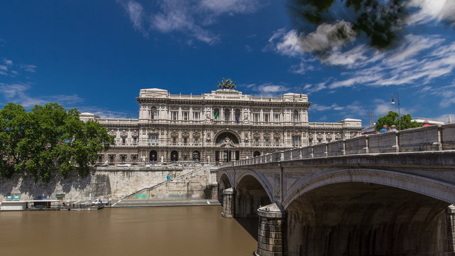 Rome, Italy. Palace of Justice timelapse  - courthouse building with Ponte Sant' Umberto bridge