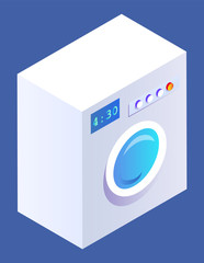 Technical device for doing laundry. Electric device isolated on blue background. Appliance for washing linen at home. Basic element of bathroom to do everyday duties. Vector isometric style