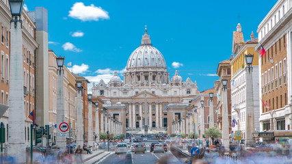 Rome, Italy, Vatican timelapse: St. Peter's Basilica in Vatican City State view from Via della Conciliazione, Road of the Conciliation.