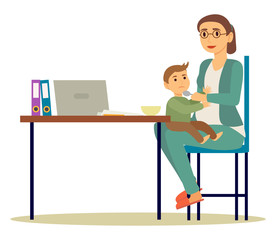 Mother feeding her son from spoon at office. Businesswoman bring kid to work. Kid sitting on knees and eating. Parent care about child. Workplace with table and laptop on it. Vector illustration