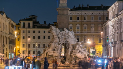 Fototapeta premium Fountain of the Four Rivers timelapse, Piazza Navona Rome, Fontana di Quattro Fiume, Bernini marble sculpture