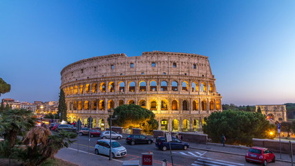 Fototapeta na wymiar Colosseum day to night timelapse after sunset, Rome.