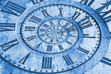 Old church clock in the drost effect. Classic Blue Pantone 2020 year color. - 326650891
