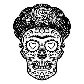 Vintage mexican woman skull isolated on white background. Design element for logo, label, sign, poster.