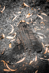 Bushfire devastation tire turned to charcoal
