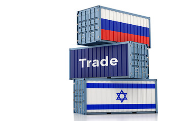 Freight container with Russia and Israel flag. 3D Rendering