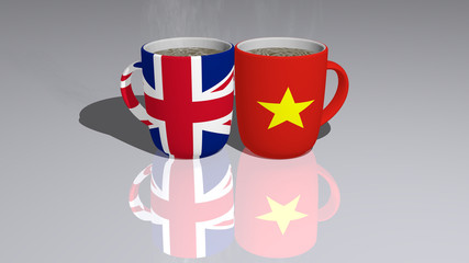 UNITED KINGDOM AND VIETNAM placed on a cup of hot coffee mirrored on the floor in a 3D illustration with realistic perspective