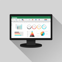 Spreadsheet on Computer screen flat icon. Financial accounting report concept. office things for planning and accounting, analysis, audit, project management, marketing, research vector illustration