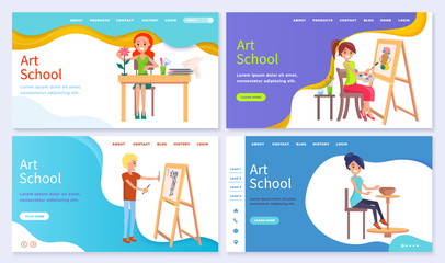 Set of art school teachers at lessons. Skillful painter and pots maker. Students using easel and clay materials, paper origami. Website or webpage template, landing page, vector in flat style