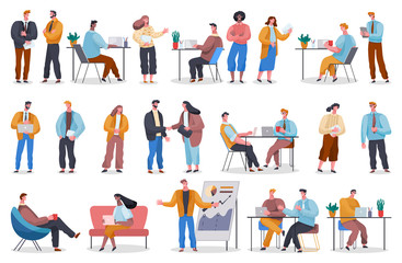 Collection of working people. Freelancers at home and office workers with laptops. Teams and colleagues characters discussing projects. Partners and coworkers talking at work. Vector people in office