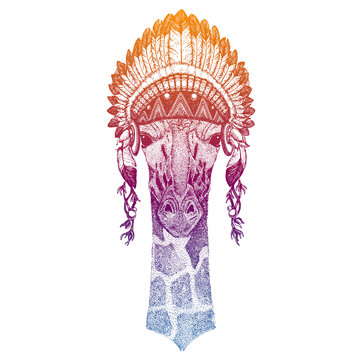Animal. Vector portrait in traditional indian headdress with feathers. Tribal style illustration for little children clothes. Image for kids tee fashion, posters.