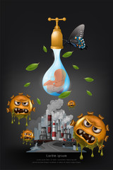 Global warming pollution concept, Urban landscape smoked polluted atmosphere from emissions of factories, view of pipes with smoke and residential city. vector and illustration.