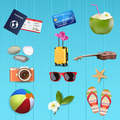 Summer Accessories set. on blue wooden, vector and illustration.