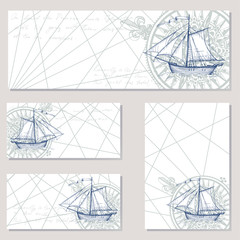 Old caravel, vintage sailboat. Sea adventure vector background. Doodles design elements business cards, banners, menu