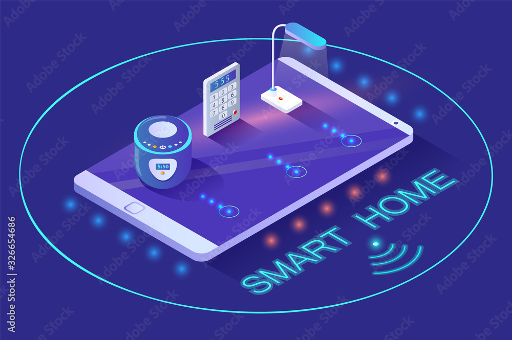 Aufkleber smart home wireless device lamp and intercom electronic equipment on touchscreen phone in neon circl