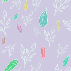 seamless pattern with multicolored leaves and white branches on lilac background. Summer/spring pattern. Doodle hand drawing. Print, packaging, wallpaper, textile, fabric design