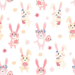 Seamless pattern Cute Bunnies with Easter egg and flowers. Festive spring background in Scandinavian hand drawn style. Cartoon character little rabbit. Design for textiles, packaging paper, fabric.