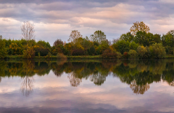 Rhine river at dusk beautiful scenic landscape panorama. From Rohrschollen natural reserve, near Strasbourg, looking at the german bank, Alsace, France.