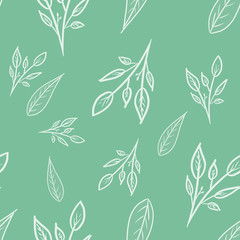 seamless pattern with white outline branches and leaves on minty green background. Doodle pattern. Spring/ summer print. Packaging, wallpaper, textile, fabric design