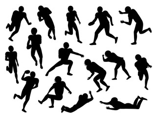 Set of team sports silhouette characters. Collection of american football players. Athletes running, falling down and rolling ball. Isolated sportsmen playing traditional game of usa. Vector in flat