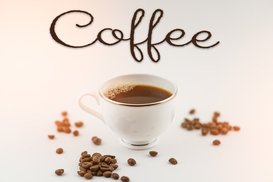 cup of coffee with beans on white background with flare and text