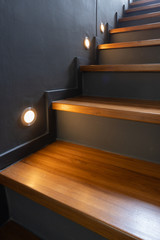 Stairway lights bulb for illumination as safety protection wooden stairs architecture interior...
