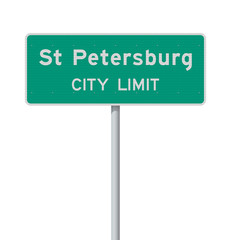 Vector illustration of St Petersburg City Limit green road sign on metallic pole