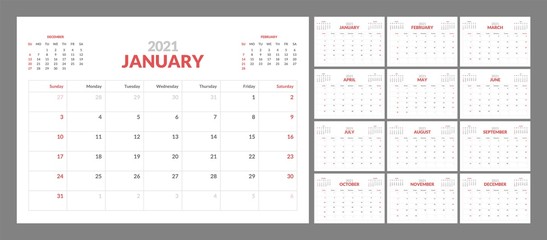 Wall calendar template for 2021 year. Planner diary in a minimalist style. Week Starts on Sunday. Monthly calendar ready for print.