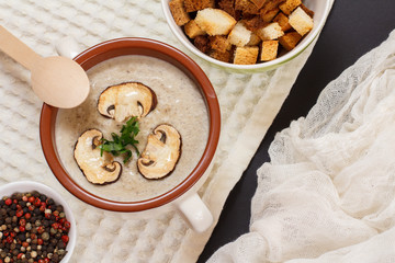 Appetizing cream soup with mushrooms in porcelain bowl on kitchen towel.