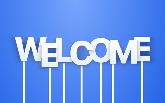 White Welcome text on blue background. Vector email newsletter template with letters on sticks.