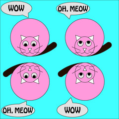A series of spherical animals. Spherical pink cat on a blue background. Cat Spherical.