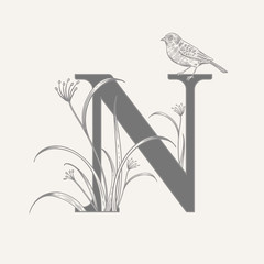 Decoration with letter N, decorative flowers and bird.
