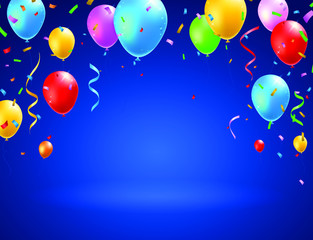 Colorful Balloons , Confetti and Streamers on Dark Background. Isolated Vector Elements