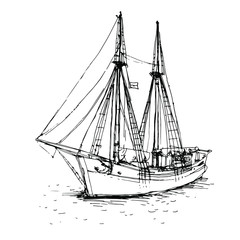 Old Sailboat, vintage ship, yacht, boat. Hand drawn line art, doodle ink sketch. Stock vector illustration isolated on white background