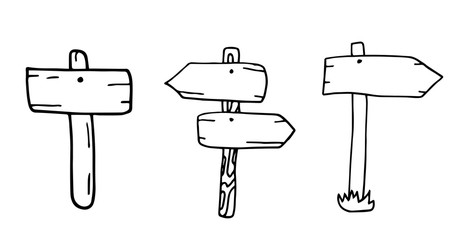 Doodle Wood Signs And Direction Arrows. Illustration of a set of hand drawn sketched