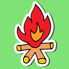 Sticker of Colored Hand drawn doodle fire, flame with firewood.