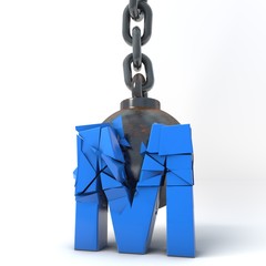 3D render of letter M being destroyed by a wrecking ball