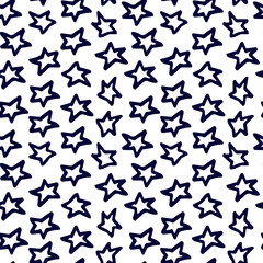 Colored Seamless pattern with yellow Simple Hand drawn doodle star. thick Black stroke, simple line.