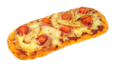 Bacon and tomato flat bread pizza with cheese isolated on a white background