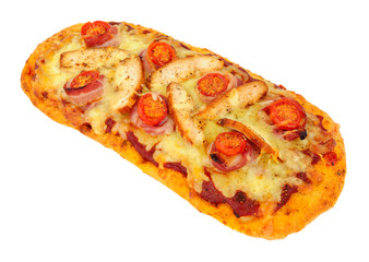 Bacon and tomato flat bread pizza with cheese isolated on a white background