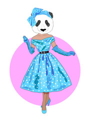 fashion animal illustration, anthropomorphic design, furry art, hand drawn illustration of dressed up panda girl