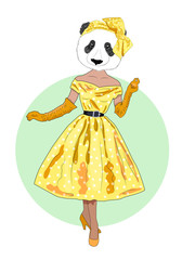 fashion animal illustration, anthropomorphic design, furry art, hand drawn illustration of dressed up panda girl