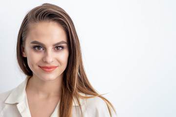 Portrait of beautiful young woman on white background, skincare beauty concept with copy space.